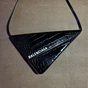 BALENCIAGA Calfskin Logo Crocodile Embossed Triangle Clutch in Black